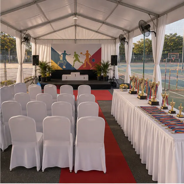 Pandamaran Klang sports day event setup with marquee seating area, stage view, guest chairs, cooling support and open court layout