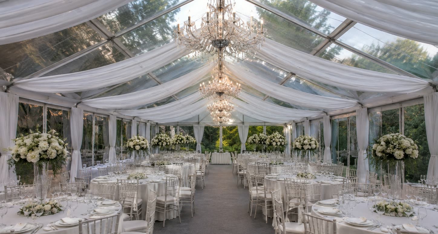 Pearl clear roof marquee dining interior with chandeliers, round tables and white chairs