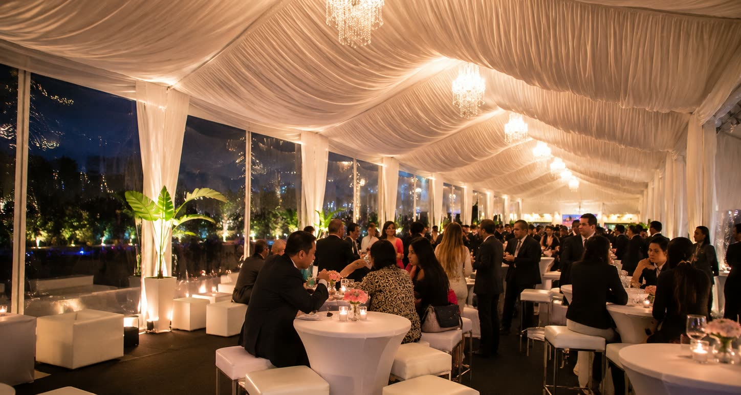 Pearl cocktail marquee reception with guests, high tables, white stools and warm chandelier lighting