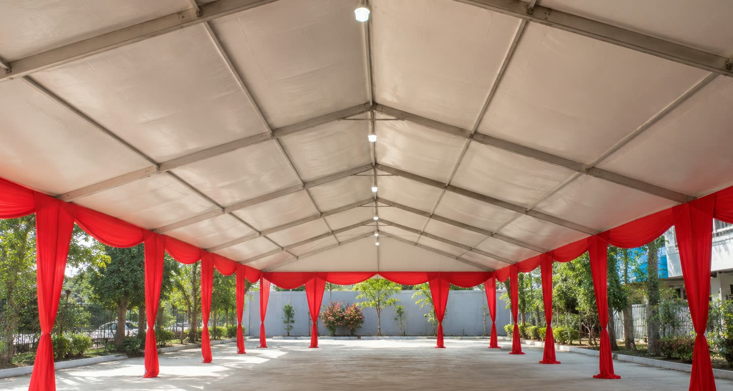 Open red draped canopy interior with pearl roof panels and clear floor space