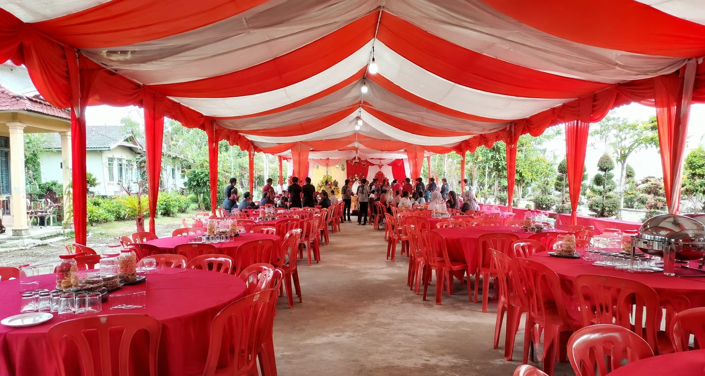 Red and pearl canopy banquet interior with red tables, red chairs and buffet service