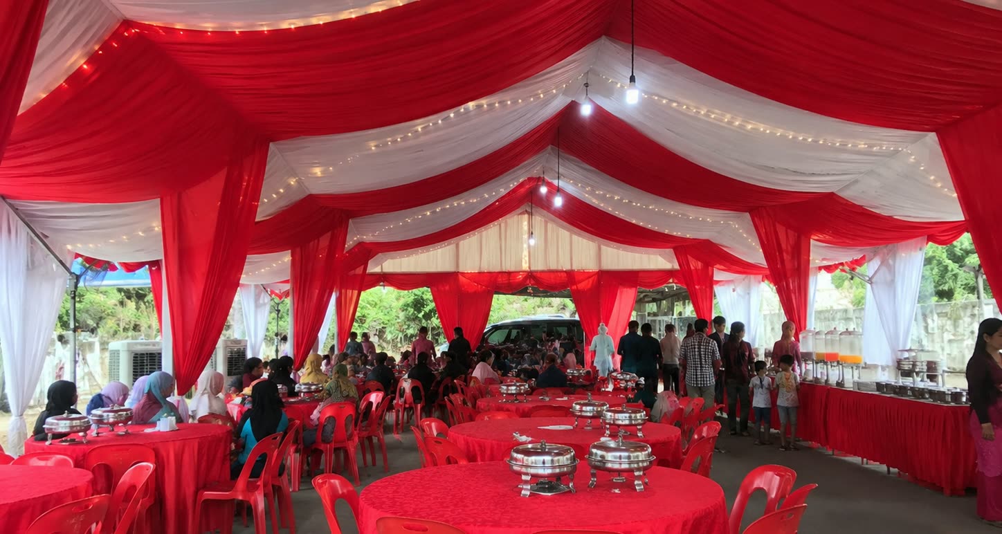Red and pearl buffet dining canopy with red tables, red chairs and buffet counters