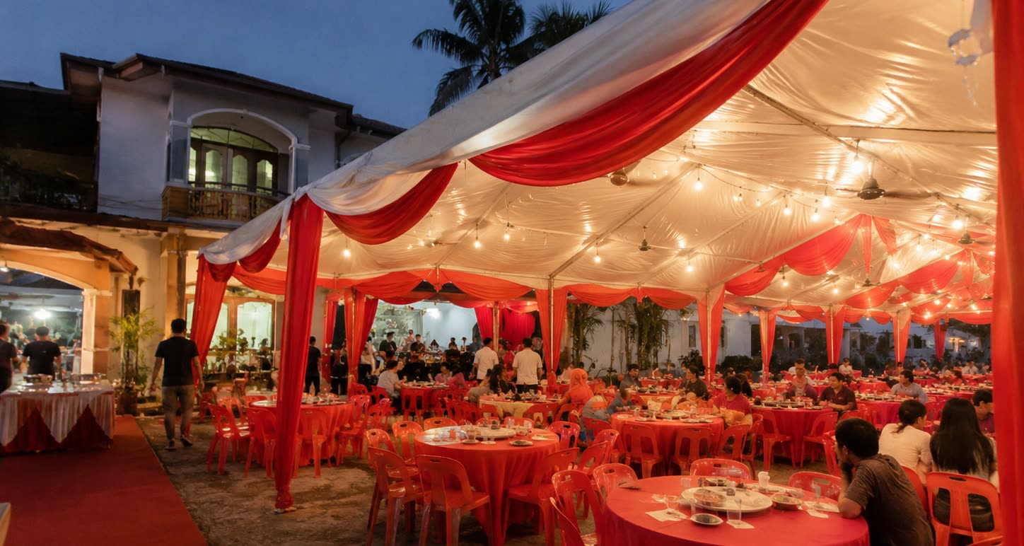 Evening red and pearl banquet canopy with warm lights, red tables and red chairs