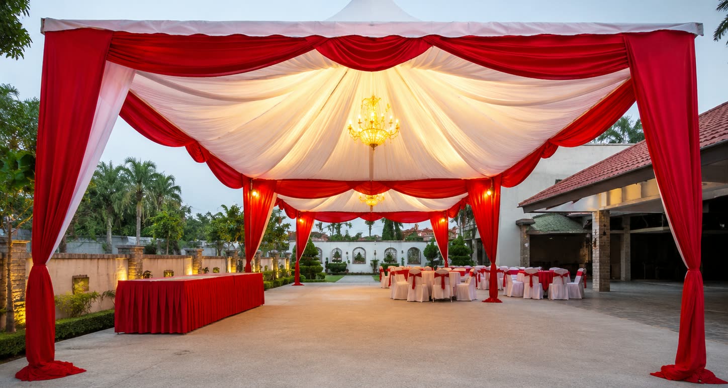 Red and pearl canopy wedding entrance with chandelier lighting and dining tables