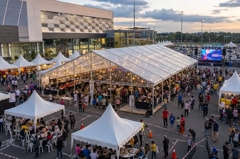 Setia City Mall outdoor bazaar setup with modular marquee, pyramid canopy rows, food booths, family seating and clear visitor walkways