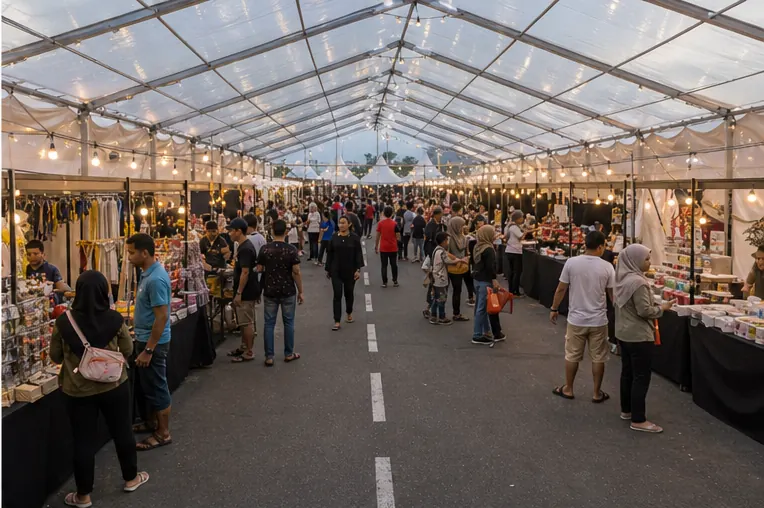 Inside view of a modular marquee bazaar with vendor booths, product tables, lighting, shoppers and clear central walkway