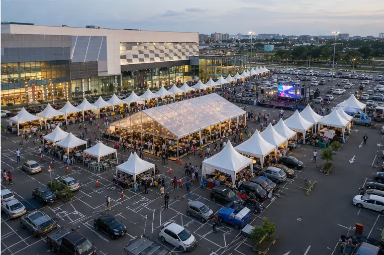 High angle view of Setia City Mall car park bazaar with modular marquee, pyramid canopy rows, guest flow and mall exterior
