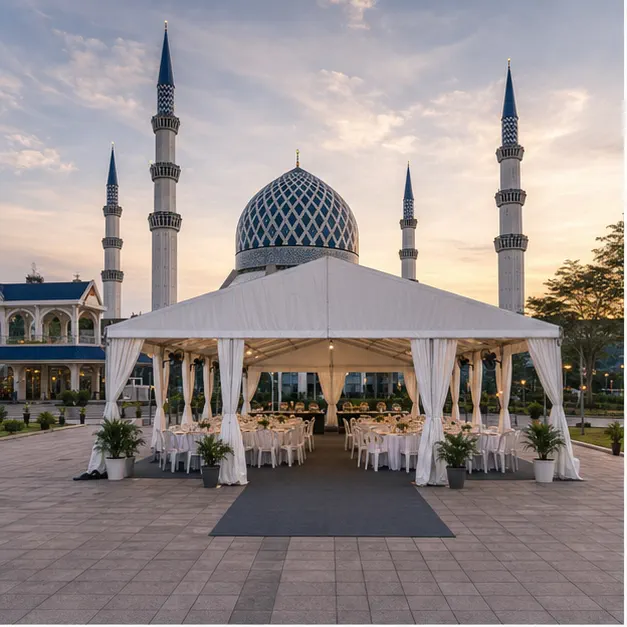 Masjid Sultan Salahuddin outdoor community meal setup with white marquee, dining tables, buffet counters, guest seating and fans