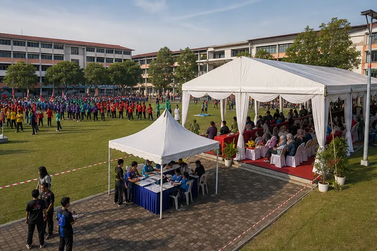 SMK Seksyen 7 school sports day setup with field marquee, VIP canopy, registration table, seating and student movement lanes