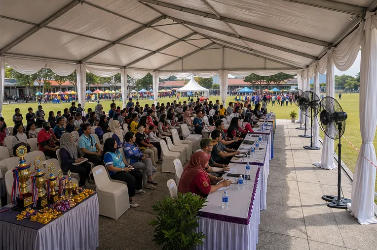 Inside view of a school sports day marquee with VIP seating, prize table, teachers, plastic chairs and fans