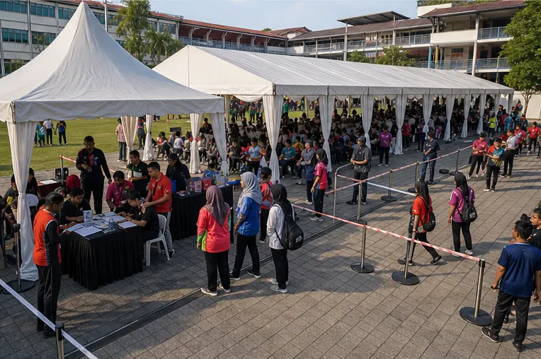 Side view of a school field marquee and VIP canopy with registration table, queue lanes and students