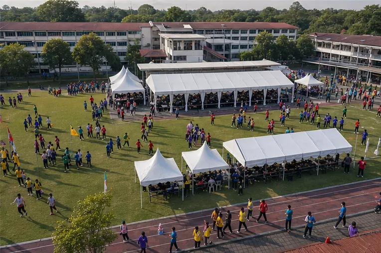 High angle view of a school sports day field layout with marquee, VIP canopy, seating, running track and student movement