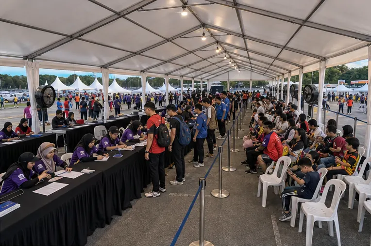 Inside view of a stadium registration marquee with counters, plastic chairs, queue lanes, fans and sports day guests