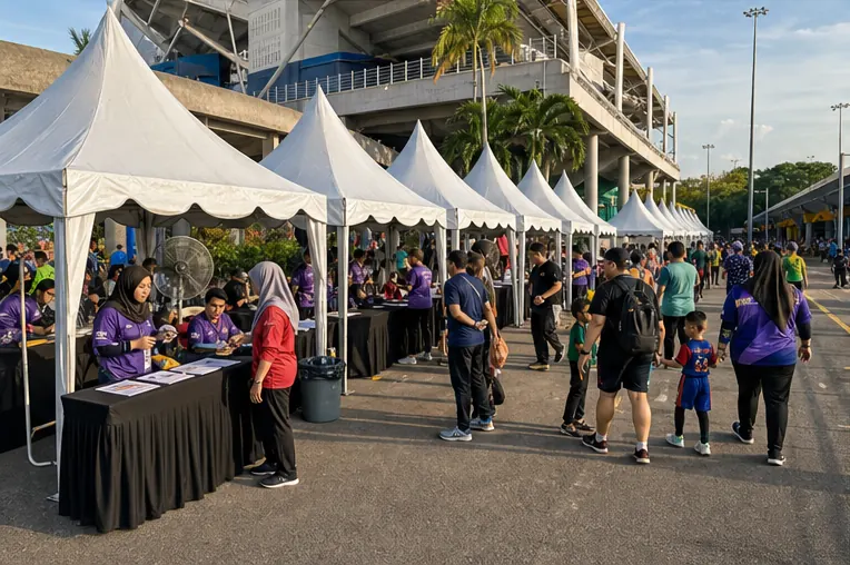 Side view of booth canopy rows beside a stadium compound with registration tables, guests and clear walkway