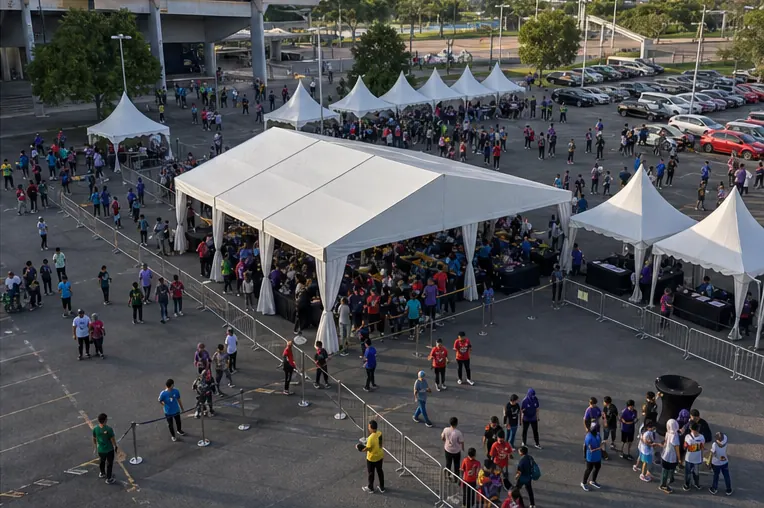 High angle view of Stadium Malawati compound with classic marquee, booth canopy rows, barricades and guest movement lanes