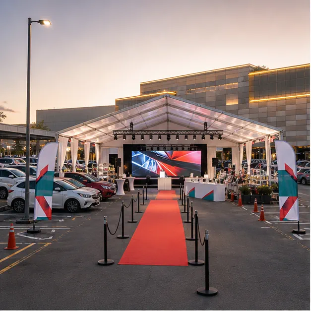 Subang Parade outdoor mall sale setup with clear span marquee, stage platform, membership counter, sale booth tables and queue lane