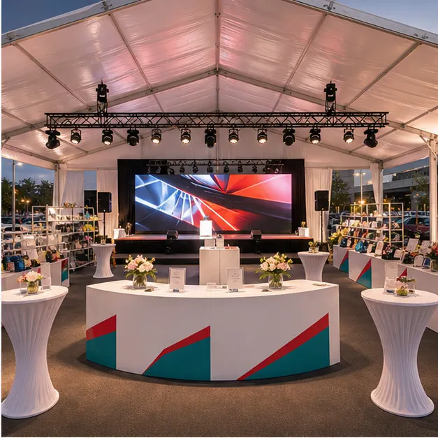Inside view of clear span marquee with membership counter, small stage platform, sale booth tables, cocktail tables and event lighting