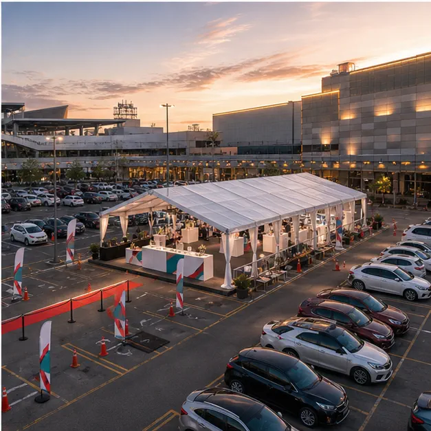High angle view of mall outdoor car park sale layout with clear span marquee, stage platform, membership counter and booth rows