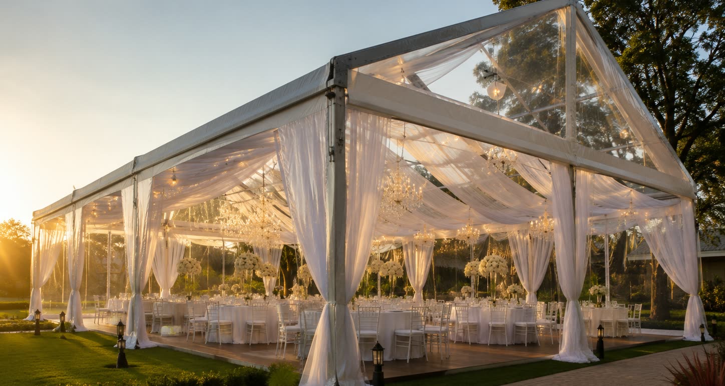 Exterior clear roof wedding marquee at sunset with chandeliers, pearl drapes and garden paths