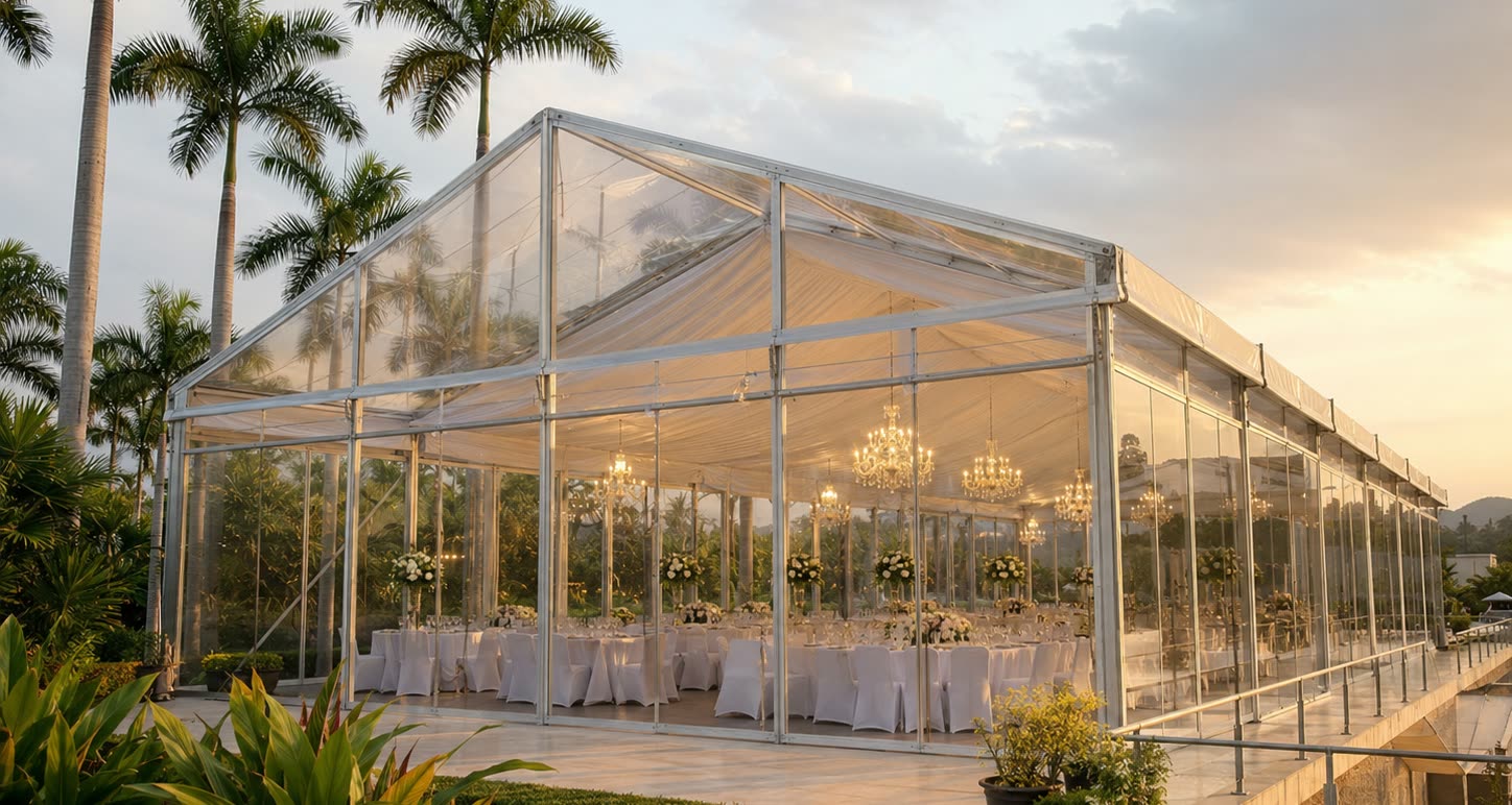Transparent garden marquee at sunset with palm trees, warm chandeliers and pearl dining setup