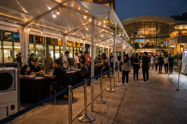 Side view of a covered walkway and registration counters for an automotive launch with queue stands and guest flow