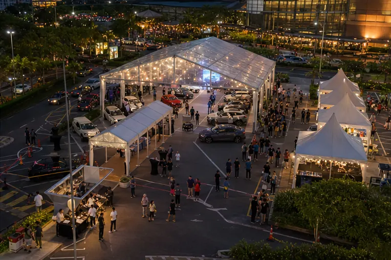 High angle view of Sunway Pyramid arrival area with clear span marquee, covered walkway, display cars and queue lanes