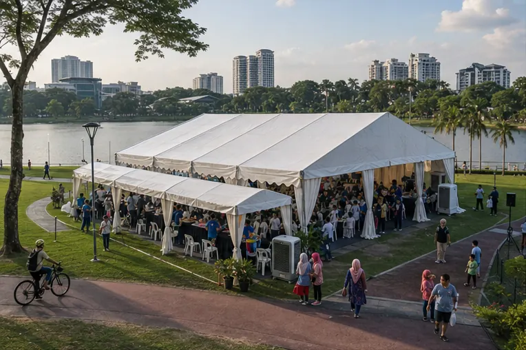 Taman Tasik Permaisuri family day setup with classic white marquee, walkway canopy, park lake backdrop, guest seating and clear pathways