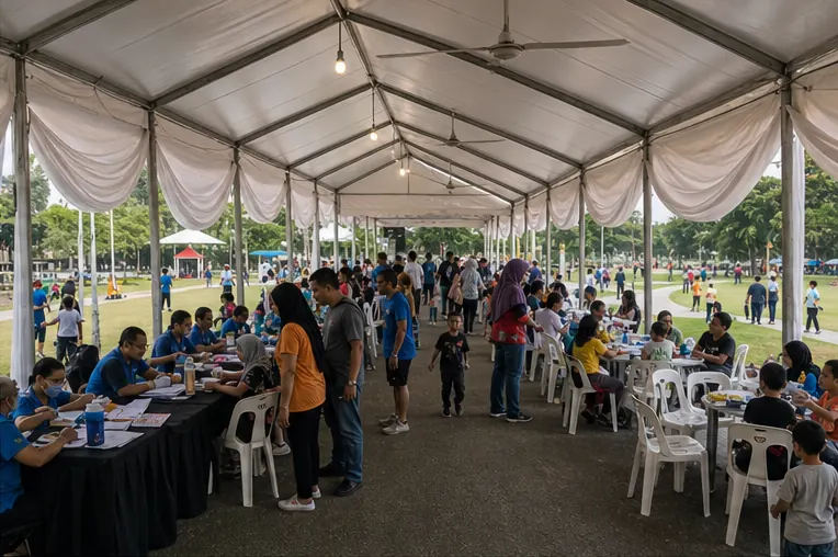 Inside view of a classic marquee with health screening counters, guest seating, plastic chairs, families and clear queue flow