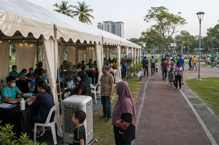 Side view of a walkway canopy beside a classic marquee with public health counters, park path, fans and family day guests