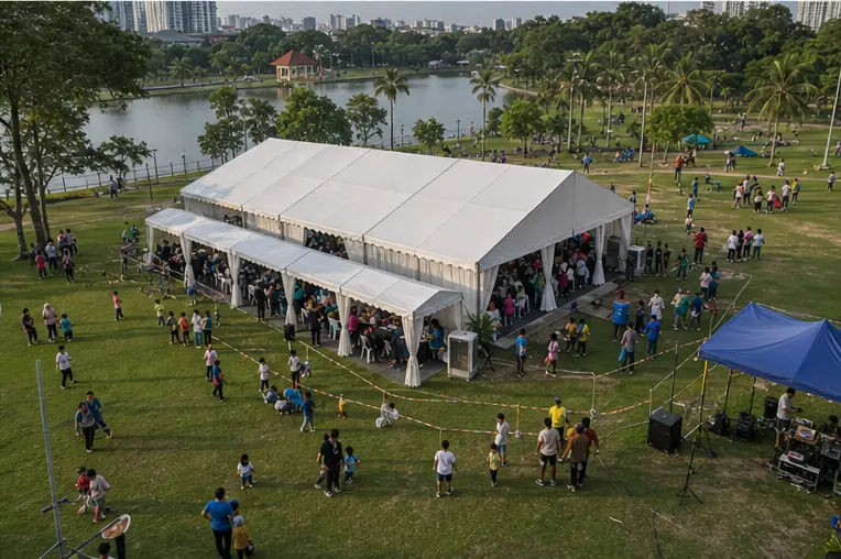 High angle view of Taman Tasik Permaisuri open field with classic marquee, walkway canopy, guest lanes and lakeside park layout