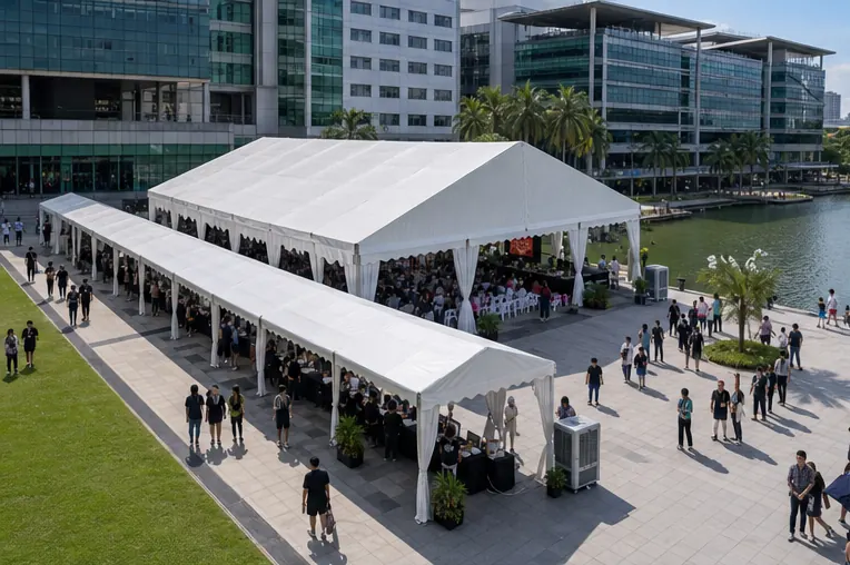 Taylor's University open day setup with classic marquee, covered walkway, registration counters, guest seating and lakeside campus flow