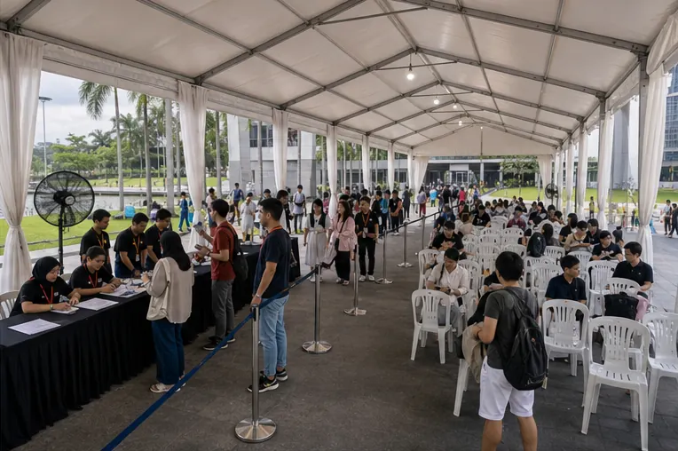 Inside view of a university open day marquee with registration counters, plastic chairs, queue lanes, fans and guest waiting area