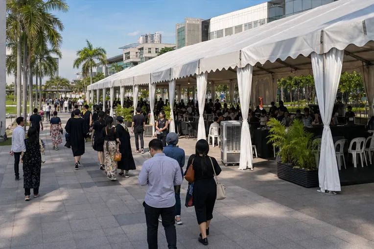 Side view of a covered walkway canopy beside a campus marquee with students, families and clear pedestrian path