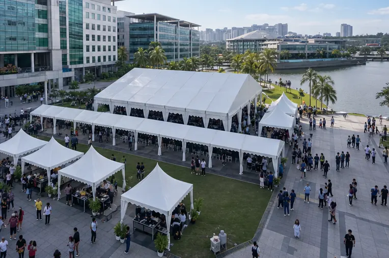 High angle view of lakeside campus open plaza with classic marquee, canopy rows, guest seating and movement lanes