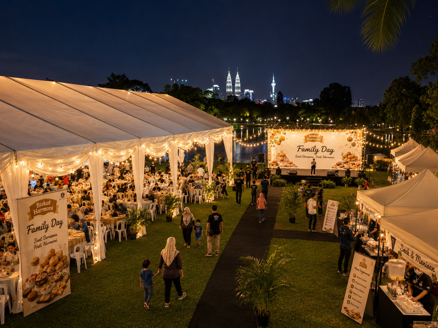 Titiwangsa Lake Gardens family day event setup with open field marquee, small stage package, food canopies, plastic tables and chairs, warm lights and Kuala Lumpur skyline