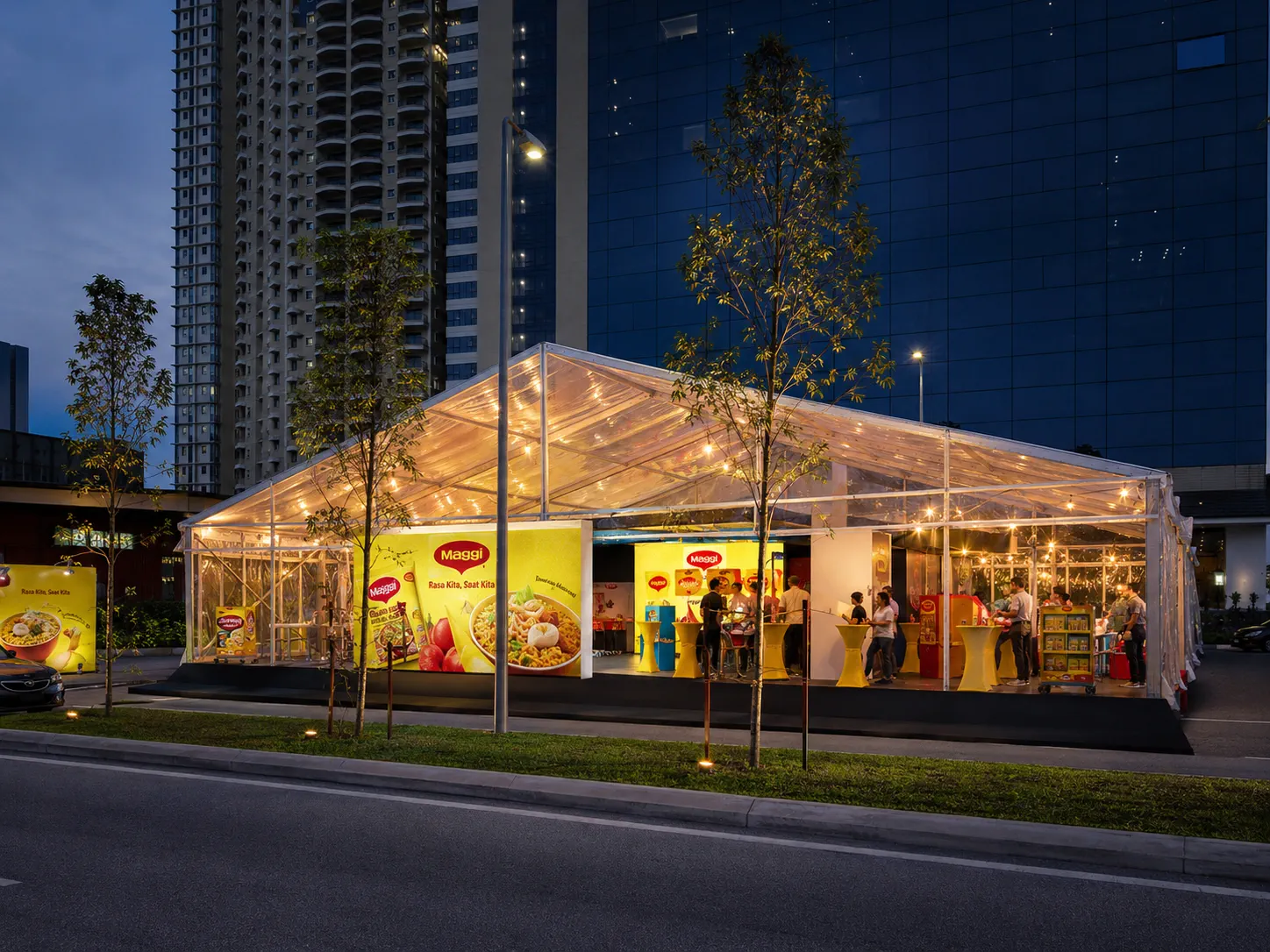 Towers Kuala Lumpur product activation setup with transparent clear roof marquee, brand display walls, cocktail tables, product shelves and evening city frontage