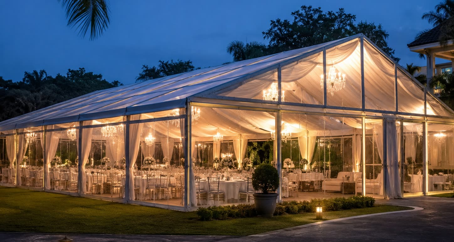 Night transparent garden marquee with warm chandeliers, pearl drapes and lawn lighting