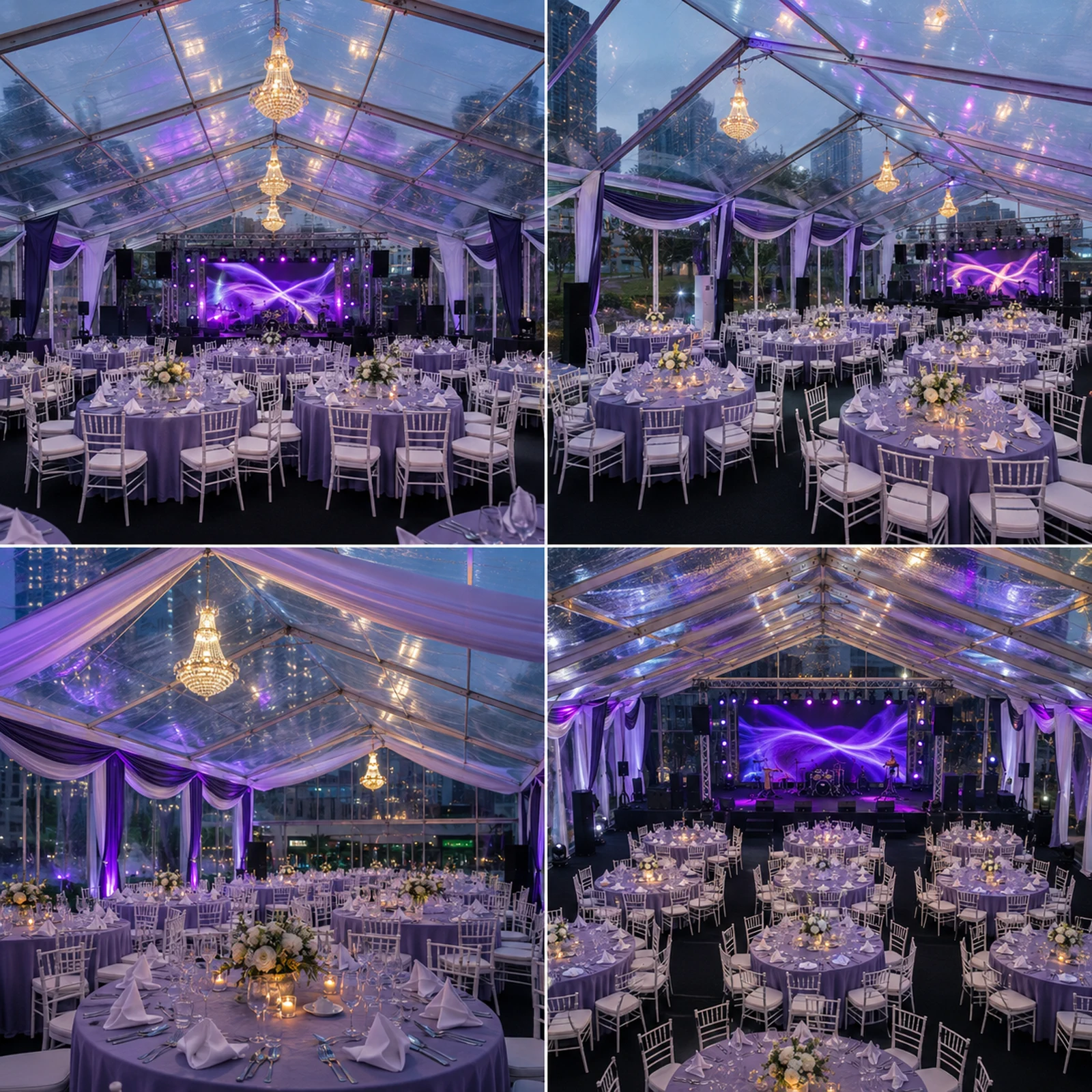 Transparent marquee tent gala dinner setup in Malaysia with round banquet tables, white chairs, chandeliers, purple lighting, stage, sound system and clear roof event structure