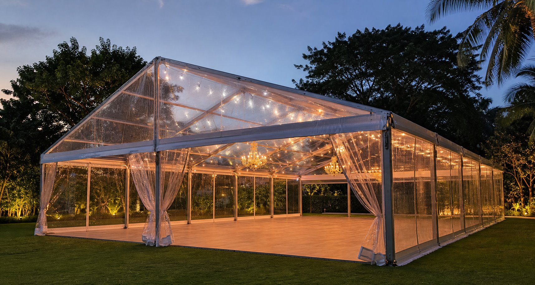 Transparent marquee event setup with clear panels, covered guest area and premium outdoor event layout