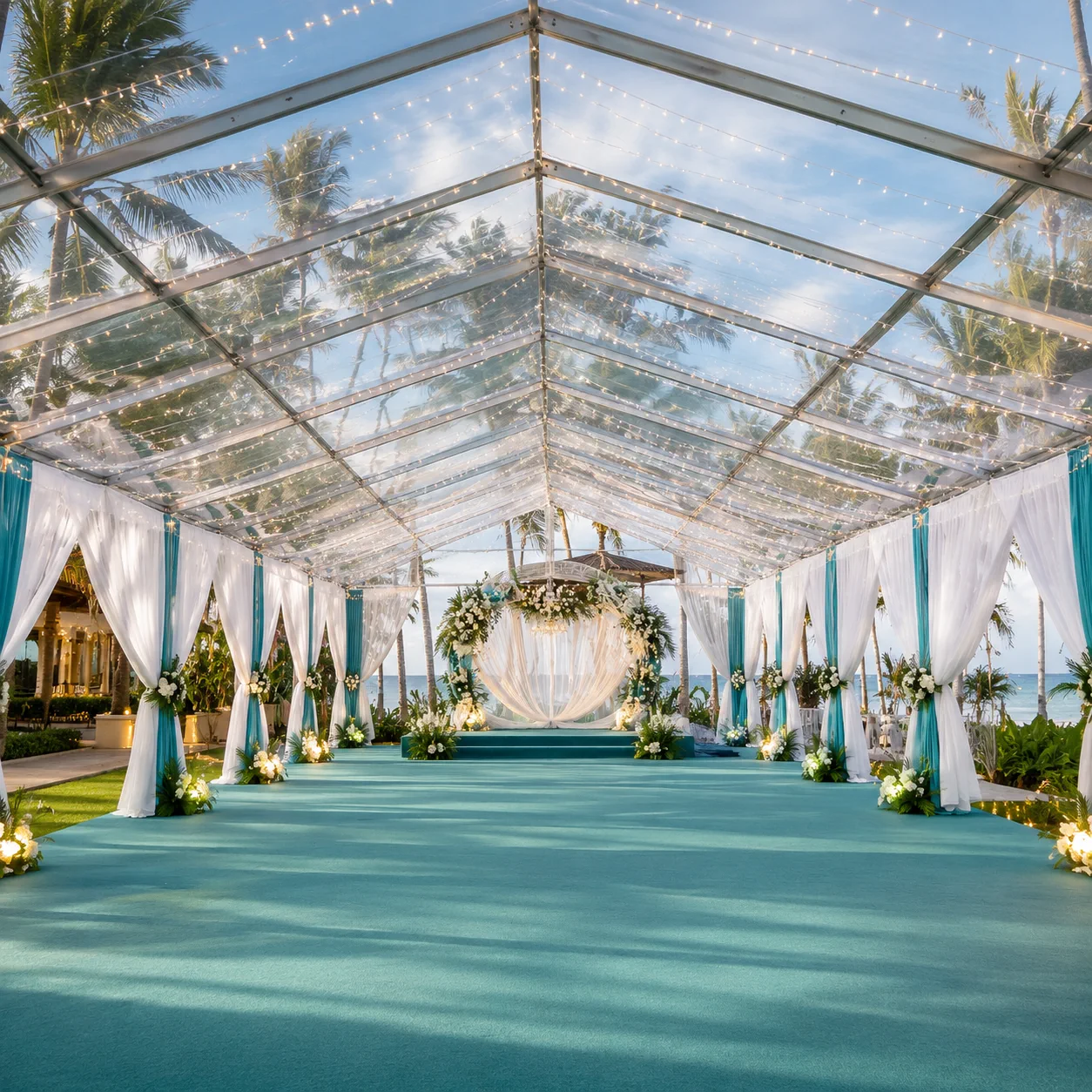 Clear roof beach wedding ceremony marquee with turquoise aisle carpet, white and turquoise drapes, floral pillars, ocean-facing stage and warm fairy lights
