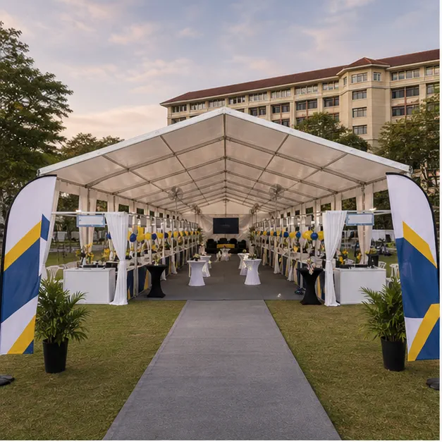 UiTM Shah Alam campus career fair setup with classic marquee, booth canopy rows, registration desk, lounge tables and clear walking lanes