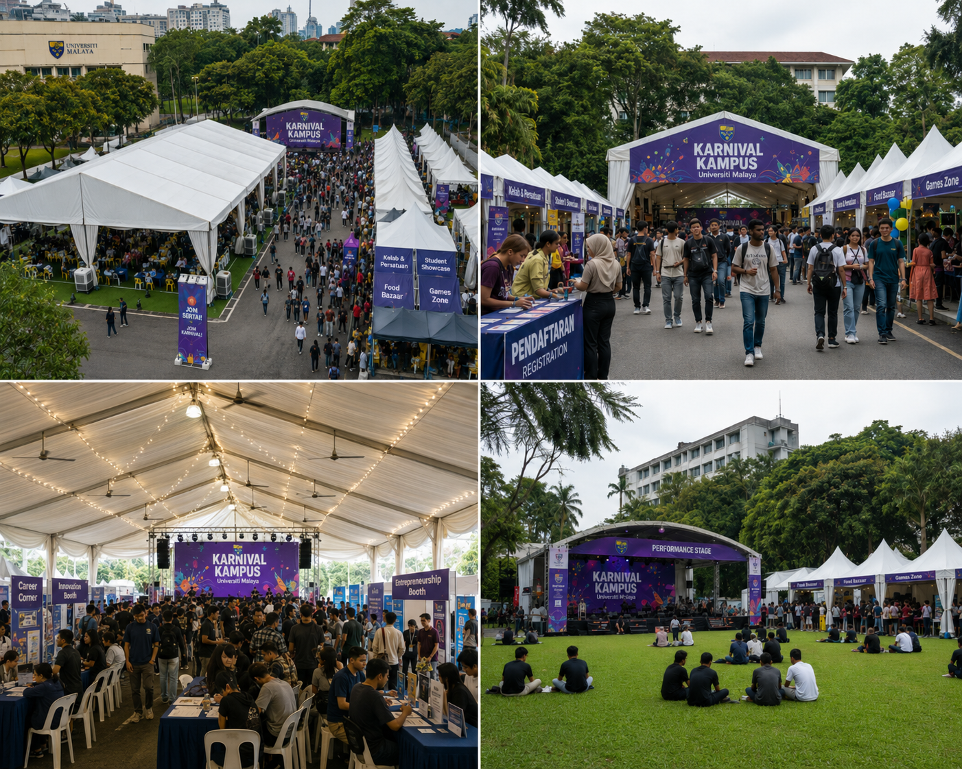 Portfolio concept example of a Universiti Malaya campus carnival in Kuala Lumpur with central marquee tent, booth canopy rows, student showcase areas, registration table, portable stage, fans, tropical greenery and campus crowd
