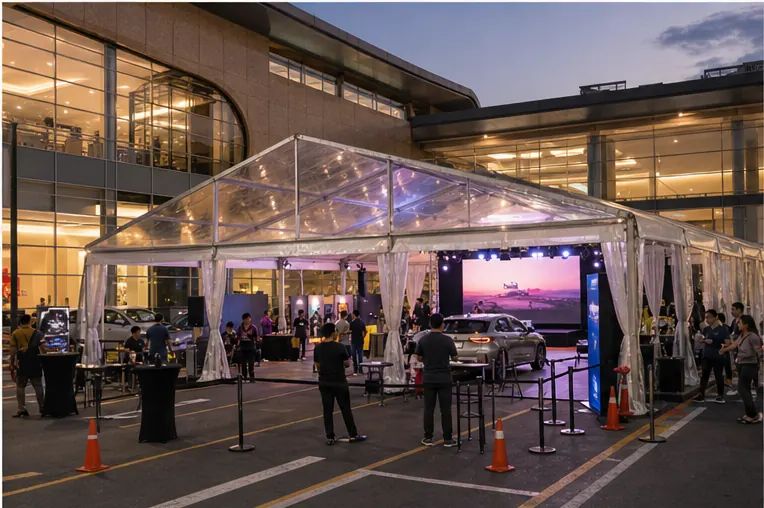 Wangsa Walk Mall product launch setup with clear roof marquee, registration counter, display area, queue lanes and evening mall lighting