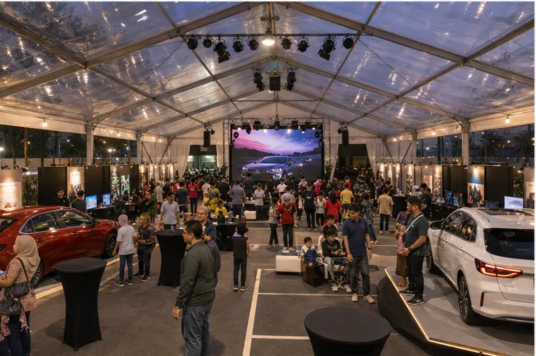 Inside view of a clear roof marquee product launch with display vehicles, LED screen, cocktail tables, lighting and guest movement
