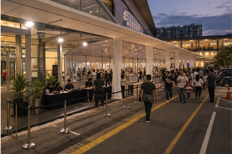 Side view of a mall roadshow clear roof marquee with registration counter, queue stands, mall entrance and visitor walkway