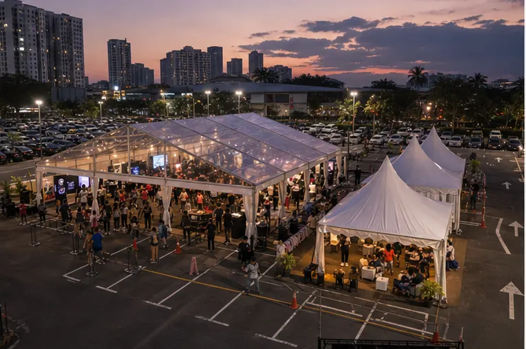 High angle view of a Wangsa Walk car park product launch with clear roof marquee, queue lanes, display area and guest flow