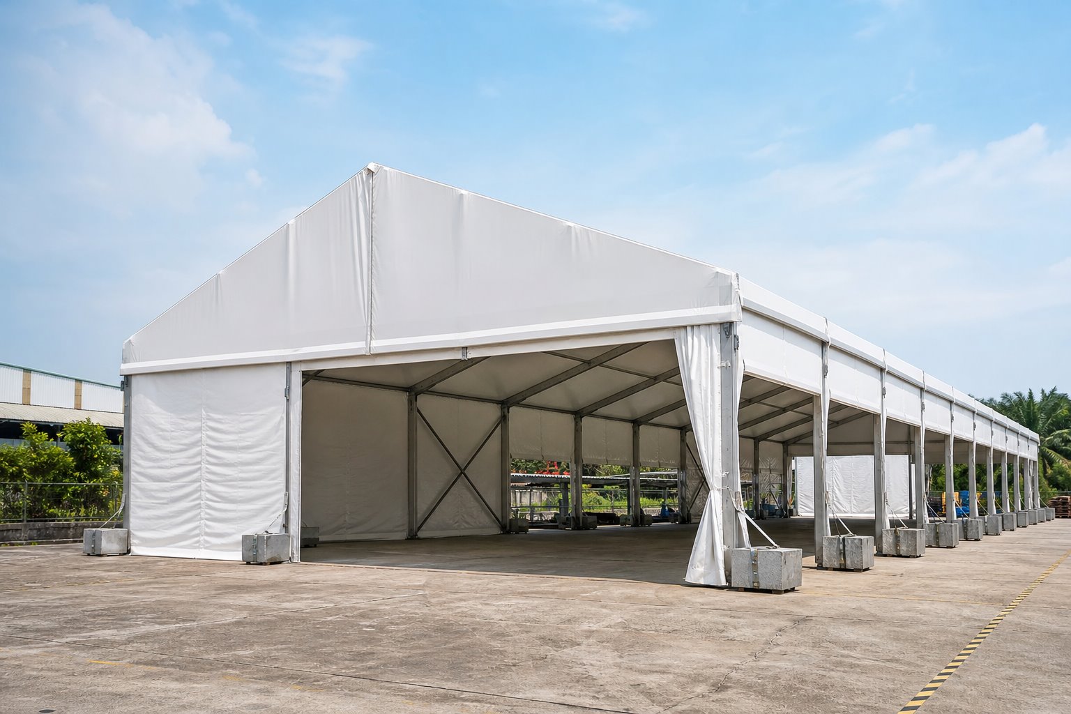Warehouse tent setup for temporary shelter, loading support, storage cover and operational site protection